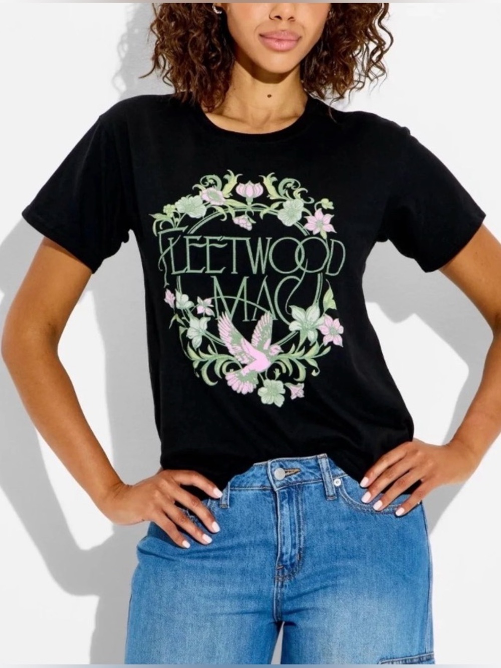 Fleetwood Mac Black Graphic Tee with Pink & Green Floral Design